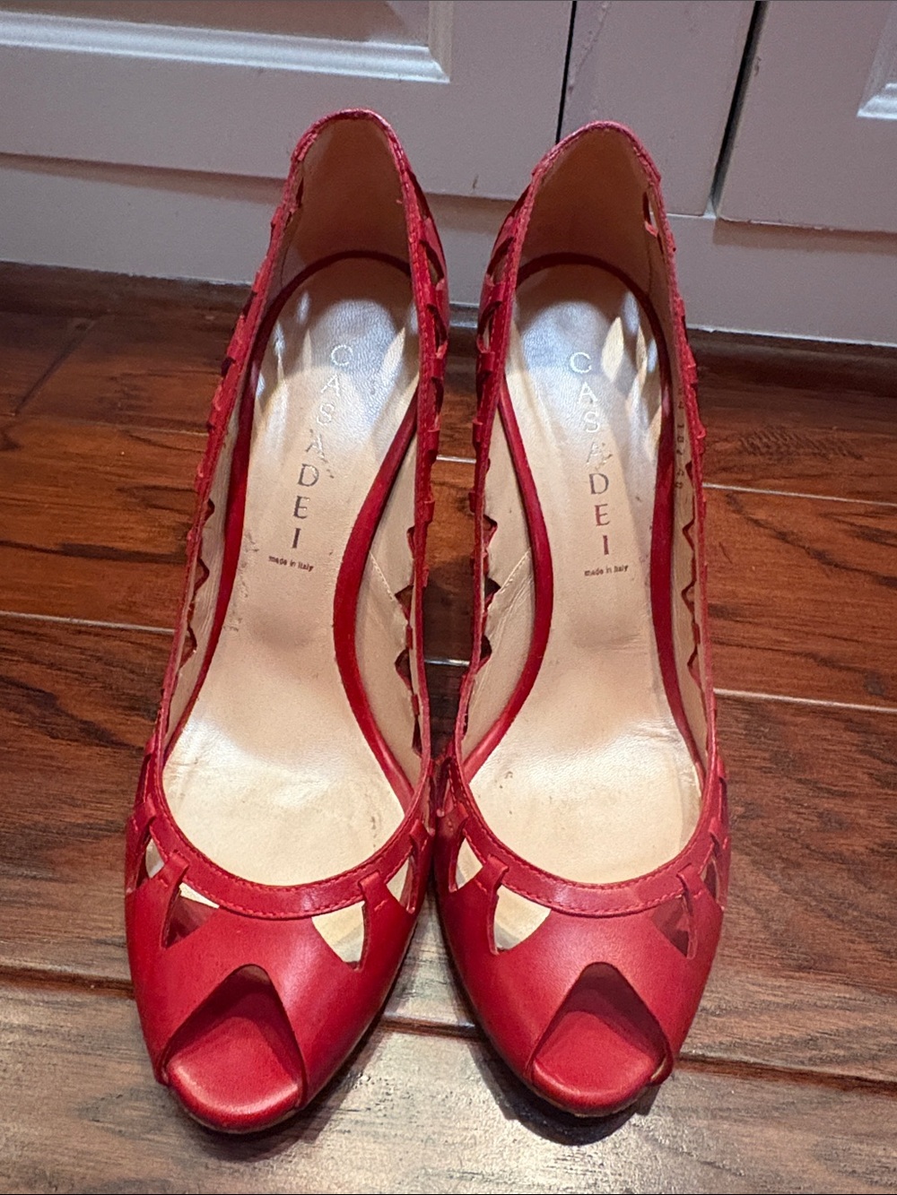 Casadei Red Open-Toe Leather Pumps with Cutout Detail